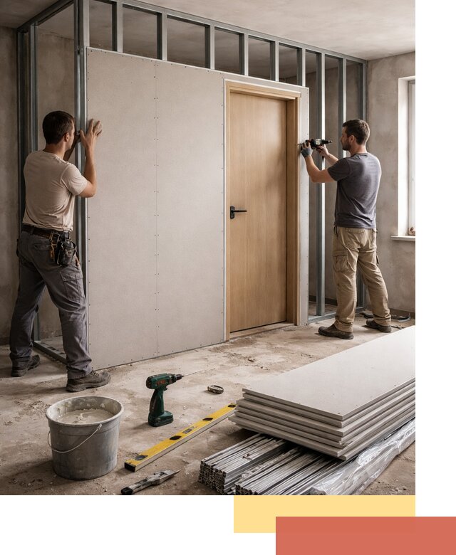 Перегородка из гипсокартона с дверью под ключ в Бугуруслане