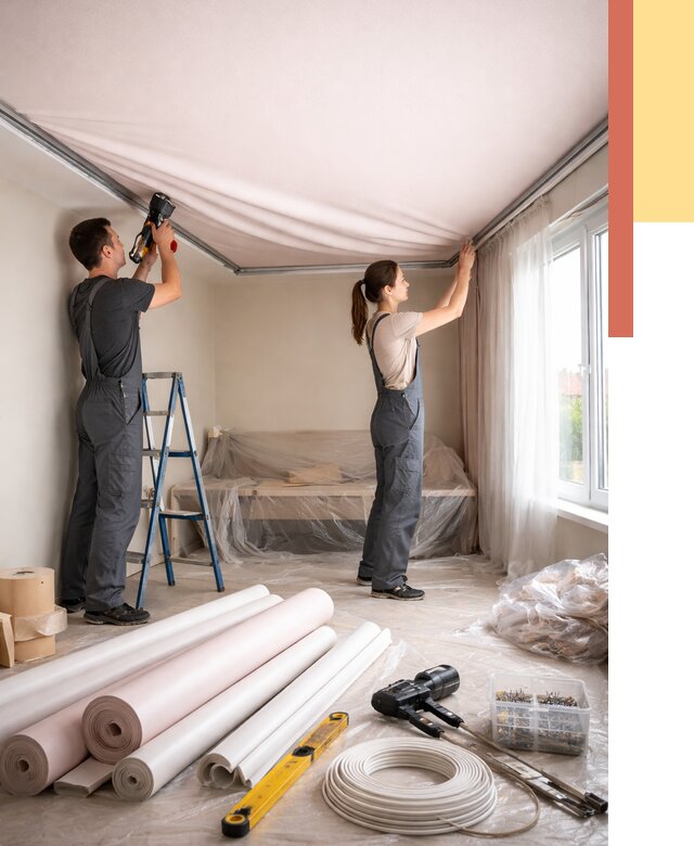 Монтаж цветного натяжного потолка в Бугуруслане от 4280 руб/м² — быстро и недорого | ОТДЕЛОЧНИК-Бгр