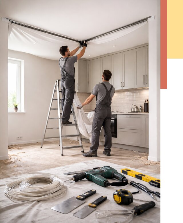 Установка натяжного потолка на кухне в Бугуруслане от 2446 руб. | ОТДЕЛОЧНИК-Бгр