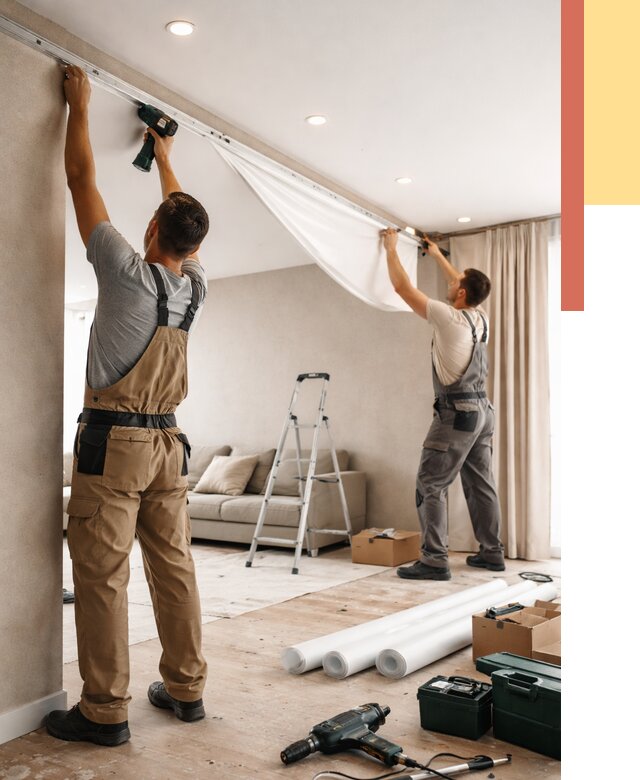 Монтаж натяжного потолка в гостиной в Бугуруслане от 560 руб. | ОТДЕЛОЧНИК-Бгр